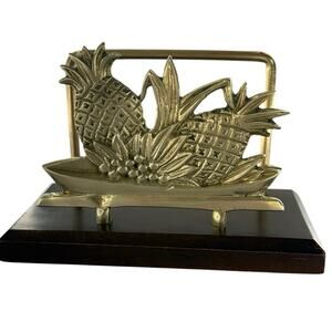 Vintage 70s Pineapple Surfboard Brass Napkin Holder Wood Base Decor